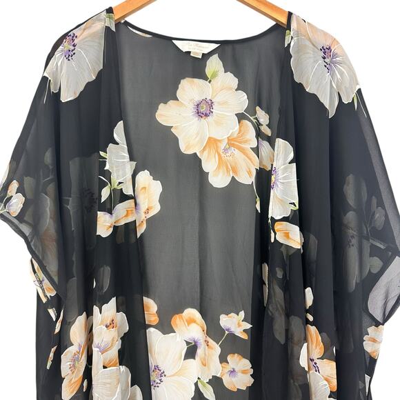 Pia Rossini Black Floral Kimono Tassel Seashells One Size Resortwear Boho Shawl - Picture 5 of 12